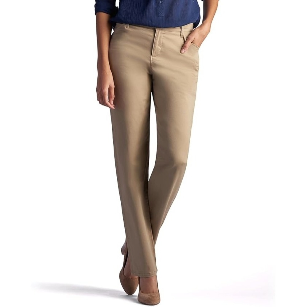 Lee Womens 6 Long Pants Effortless Wash & Wear Relaxed Fit Straight Leg Beige‎